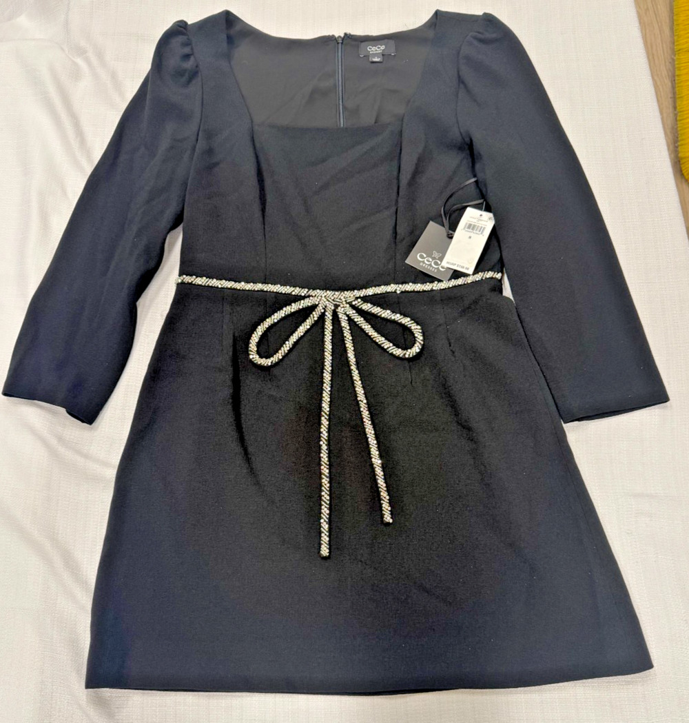 CeCe Black Sheath Dress Size 8 NWT Rhinestone Waist Tie Long Sleeve Cocktail